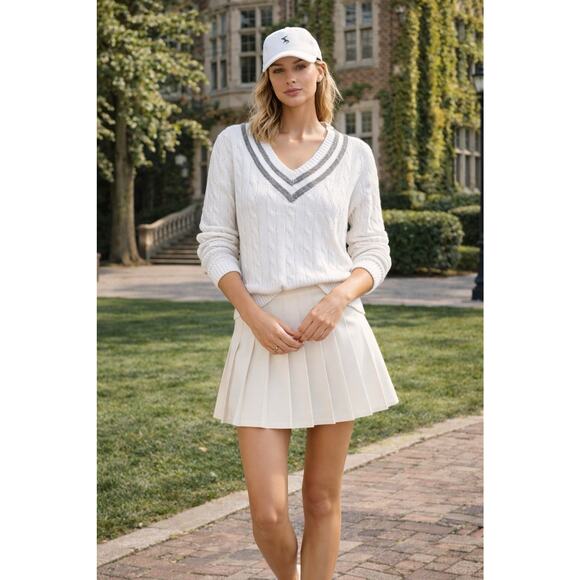 Ralph Lauren Sport Sweaters - Ralph Lauren L-RL Women’s Cable Knit Sweater White Cotton V Neck Preppy Tennis L
